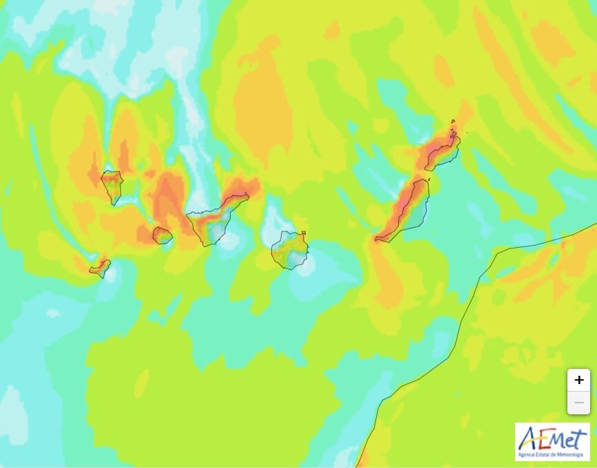 Rachas máximas de viento para el mediodía del lunes 16 de diciembre (AEMET).